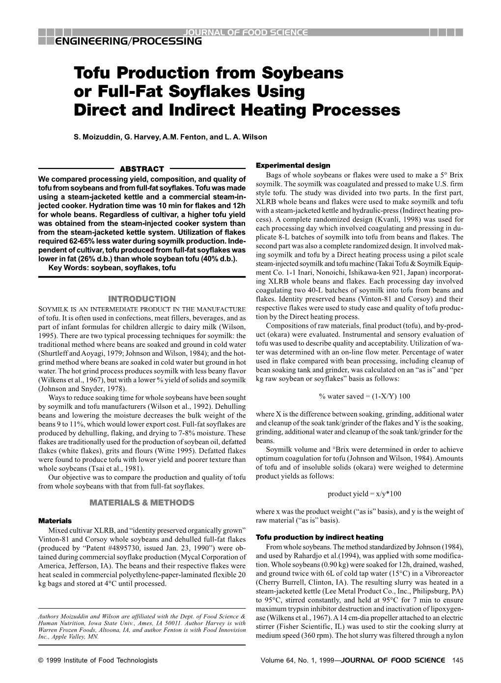 Tofu Production from Soybeans Or Full-Fat Soyflakes Using Direct and Indirect Heating Processes