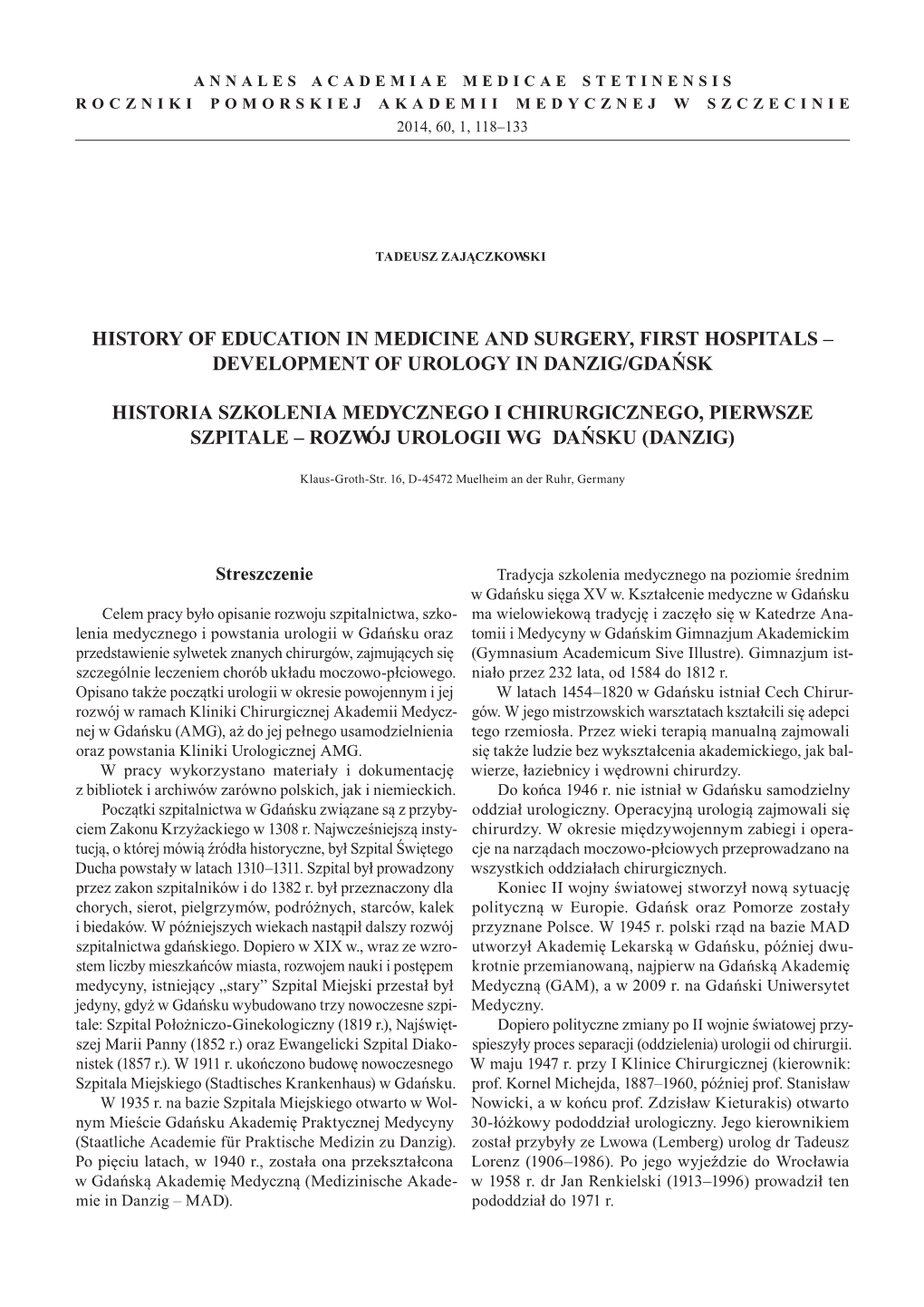 Development of Urology in Danzig/Gdańsk HISTORIA