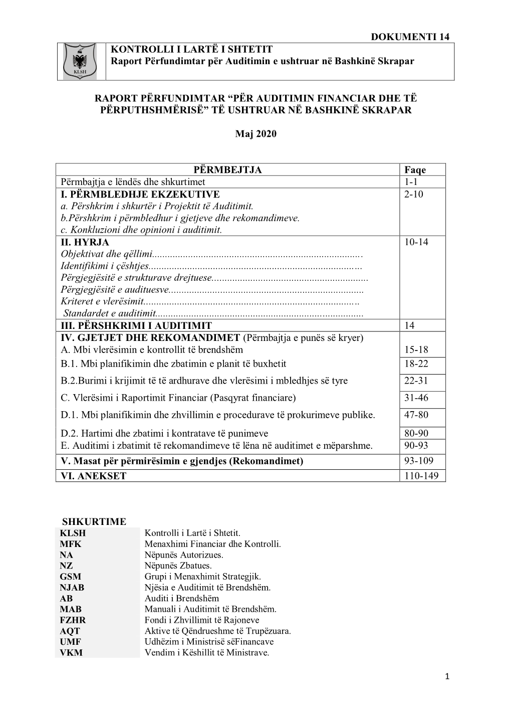 DOKUMENTI 14 KONTROLLI I LARTË I SHTETIT Raport Përfundimtar Për Auditimin E Ushtruar Në Bashkinë Skrapar