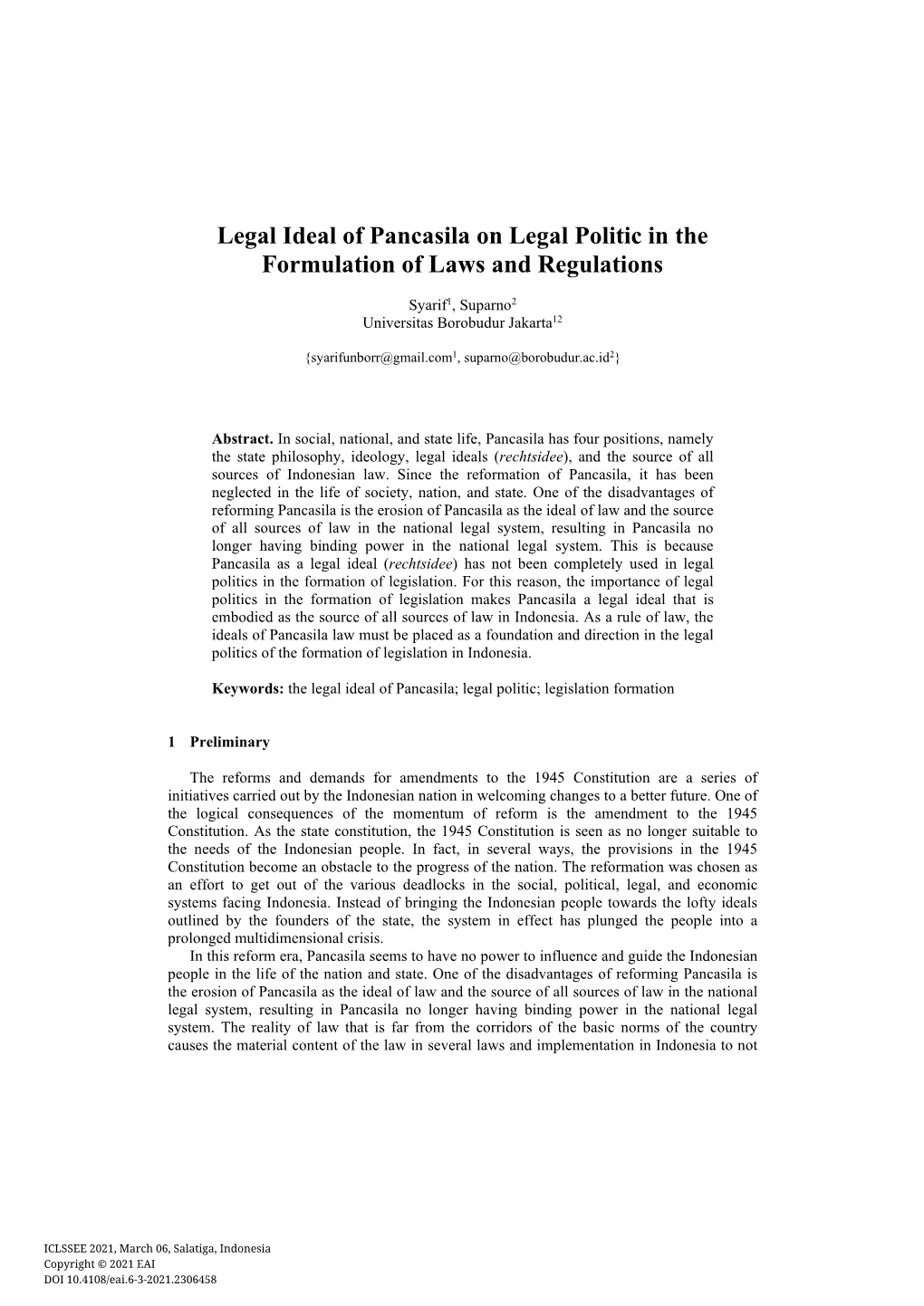 Legal Ideal of Pancasila on Legal Politic in the Formulation of Laws and Regulations