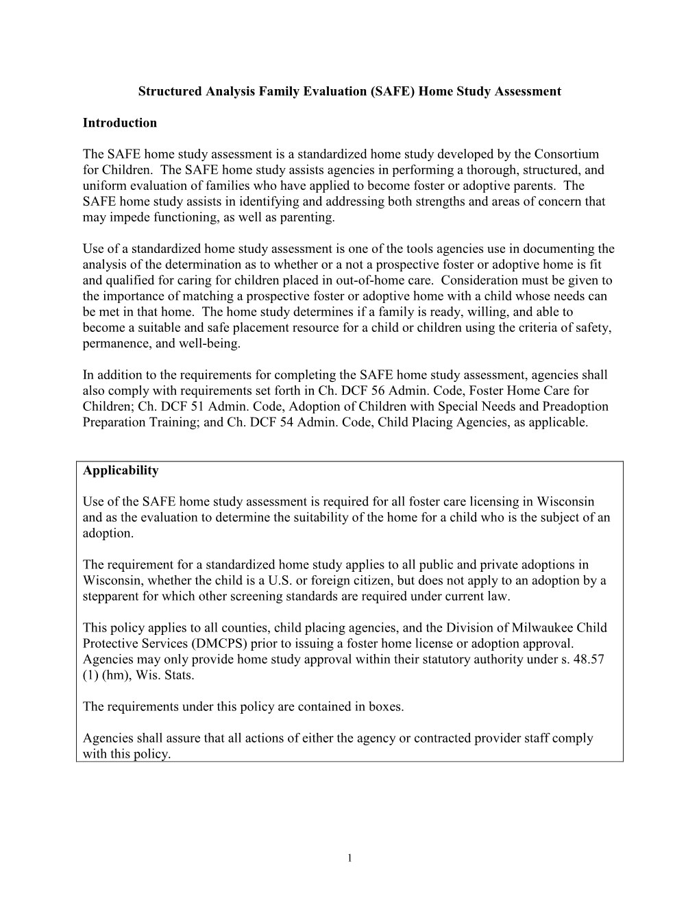 Structured Analysis Family Evaluation (SAFE) Home Study Assessment