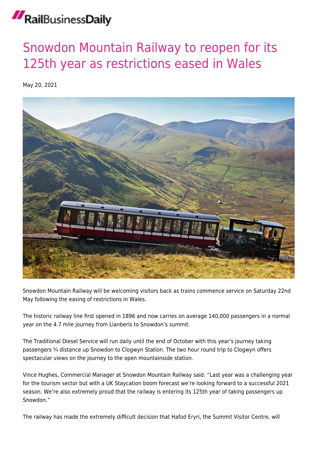 Snowdon Mountain Railway to Reopen for Its 125Th Year As Restrictions Eased in Wales