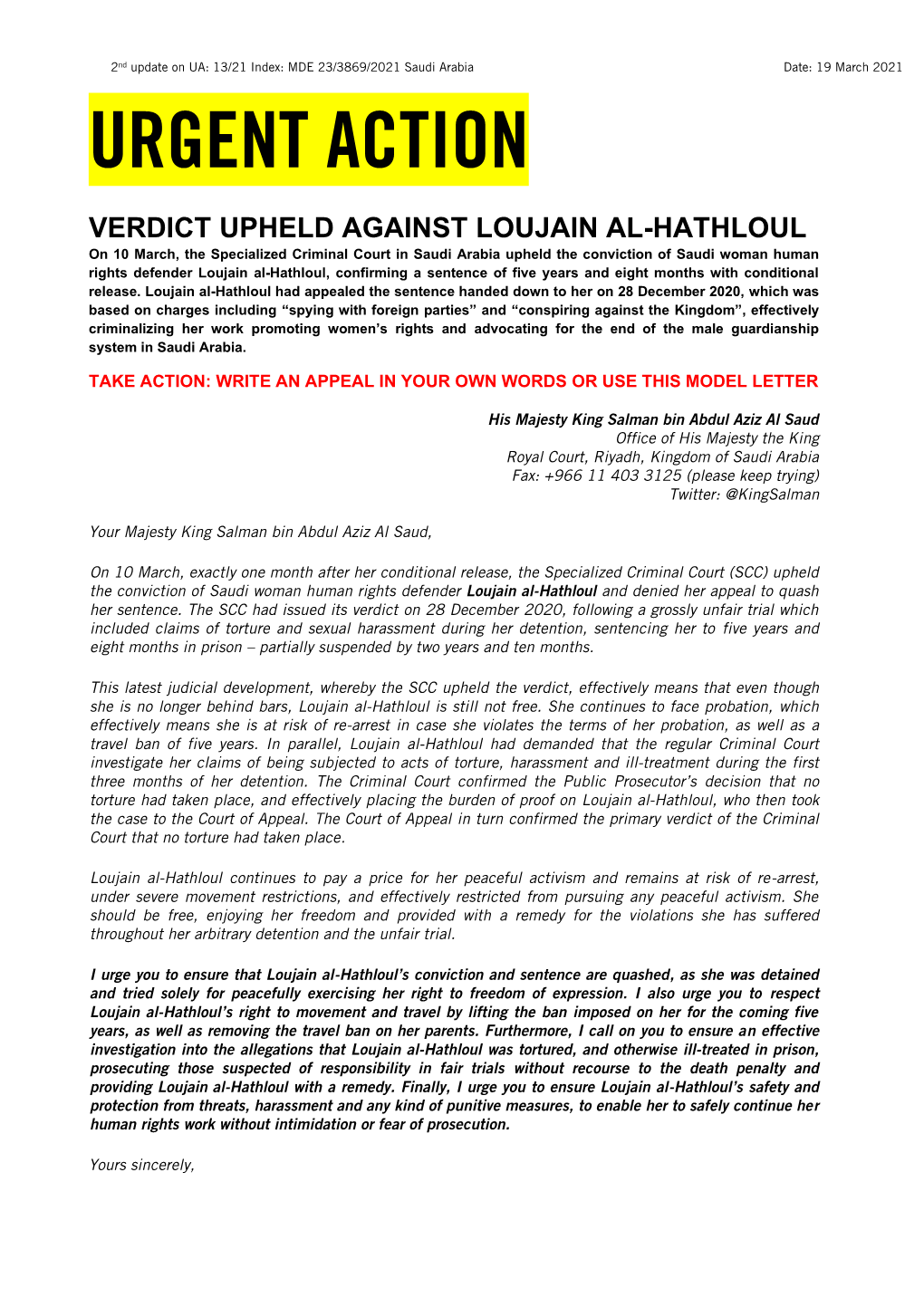 Verdict Upheld Against Loujain Al-Hathloul