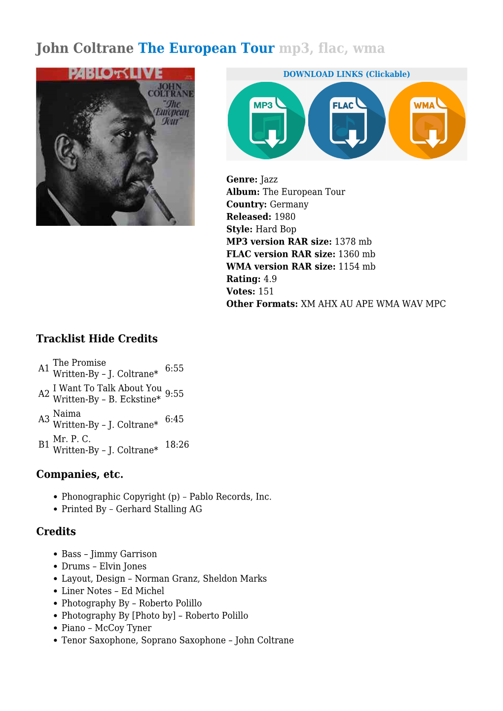 John Coltrane the European Tour Mp3, Flac, Wma