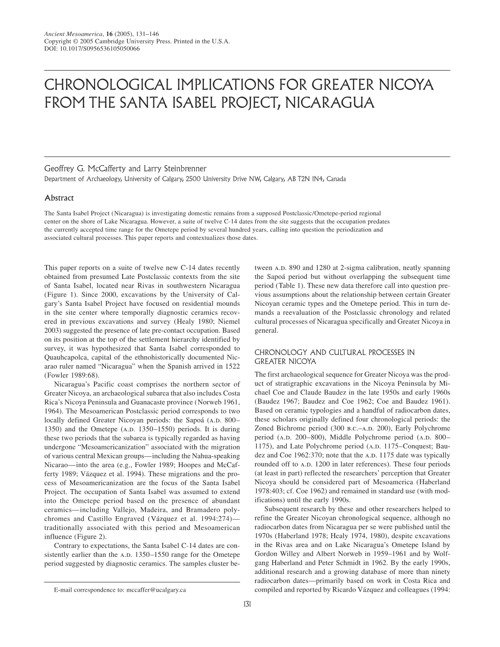 Chronological Implications for Greater Nicoya from the Santa Isabel Project, Nicaragua