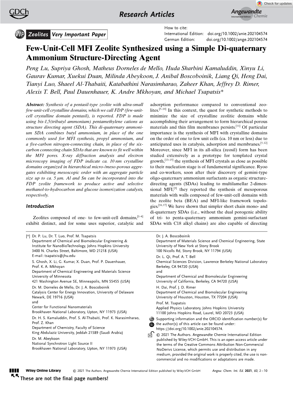 Few‐Unit‐Cell MFI Zeolite Synthesized Using a Simple Di