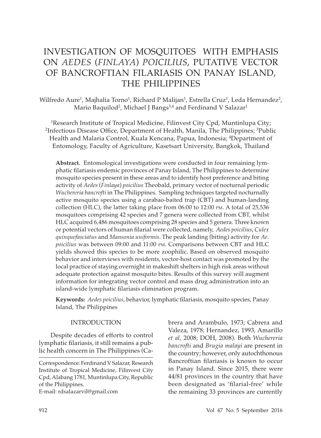 (Finlaya) Poicilius, Putative Vector of Bancroftian Filariasis on Panay Island, the Philippines