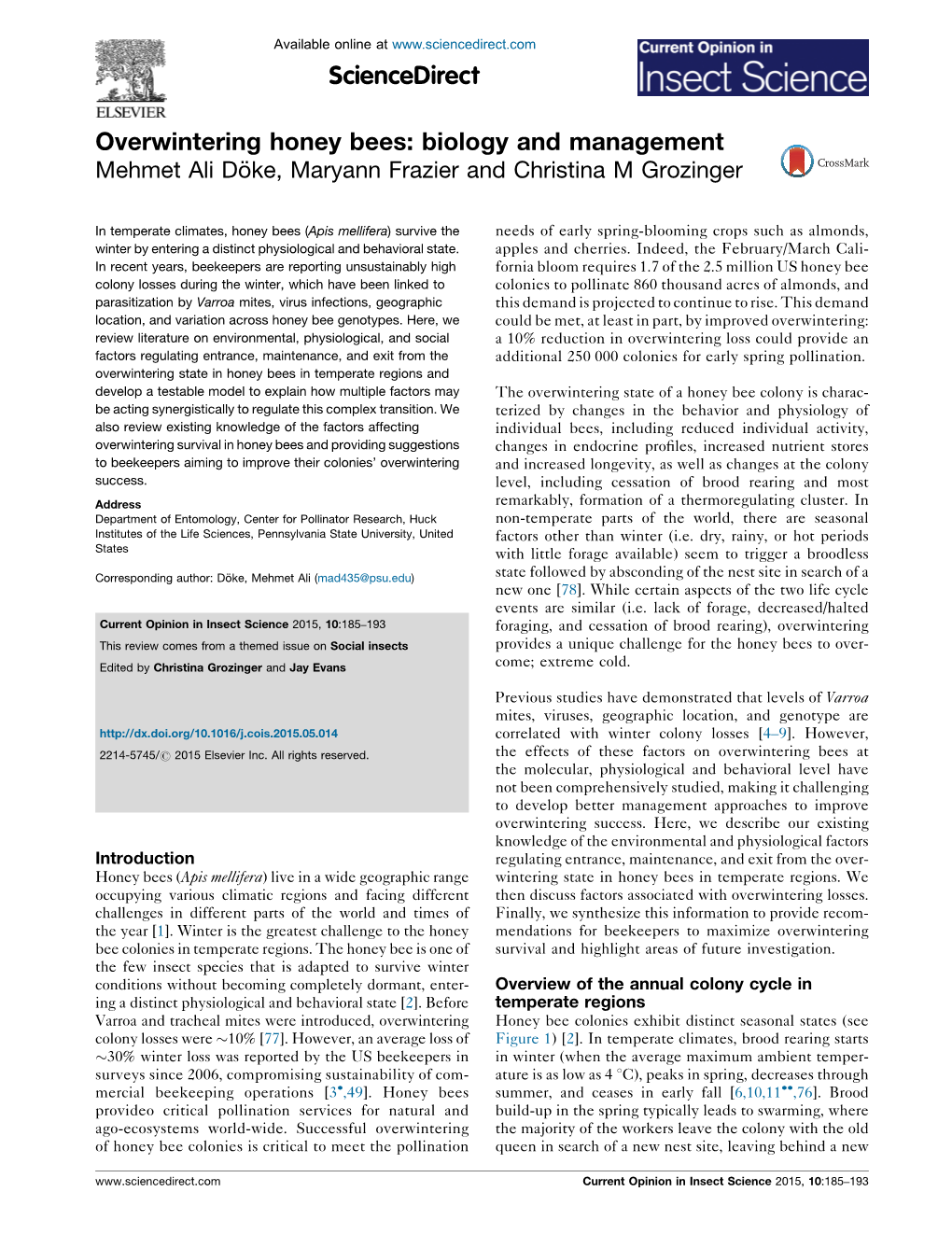 Overwintering Honey Bees: Biology and Management