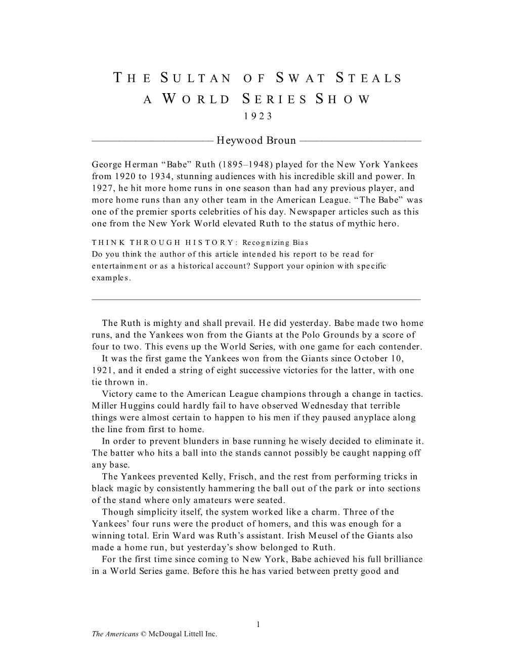 The Sultan of Swat Steals a World Series Show” by Heywood Broun, from New York World, October 12, 1923