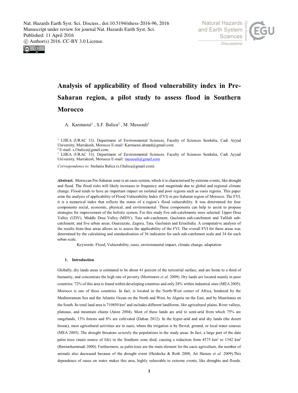 Analysis of Applicability of Flood Vulnerability Index in Pre-Saharan