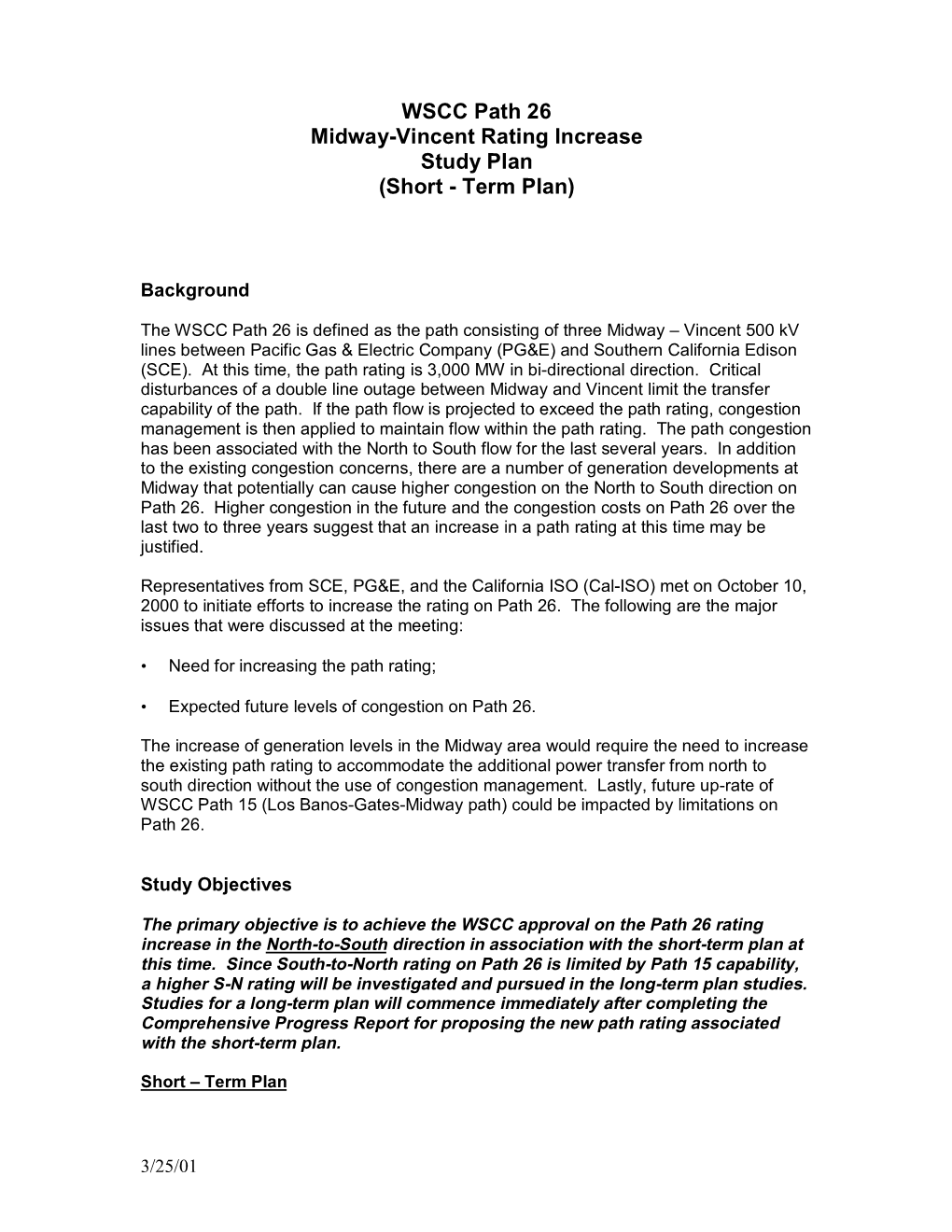 WSCC Path 26 Midway-Vincent Rating Increase Study Plan (Short - Term Plan)