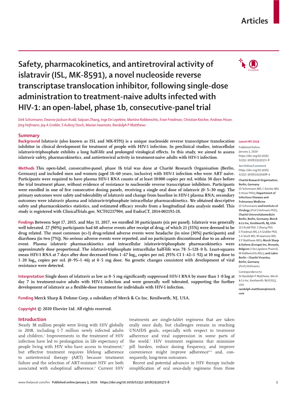 Safety, Pharmacokinetics, and Antiretroviral Activity of Islatravir