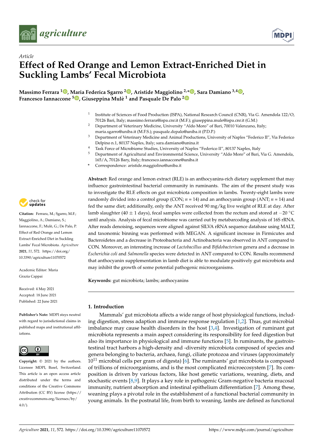 Effect of Red Orange and Lemon Extract-Enriched Diet in Suckling Lambs’ Fecal Microbiota