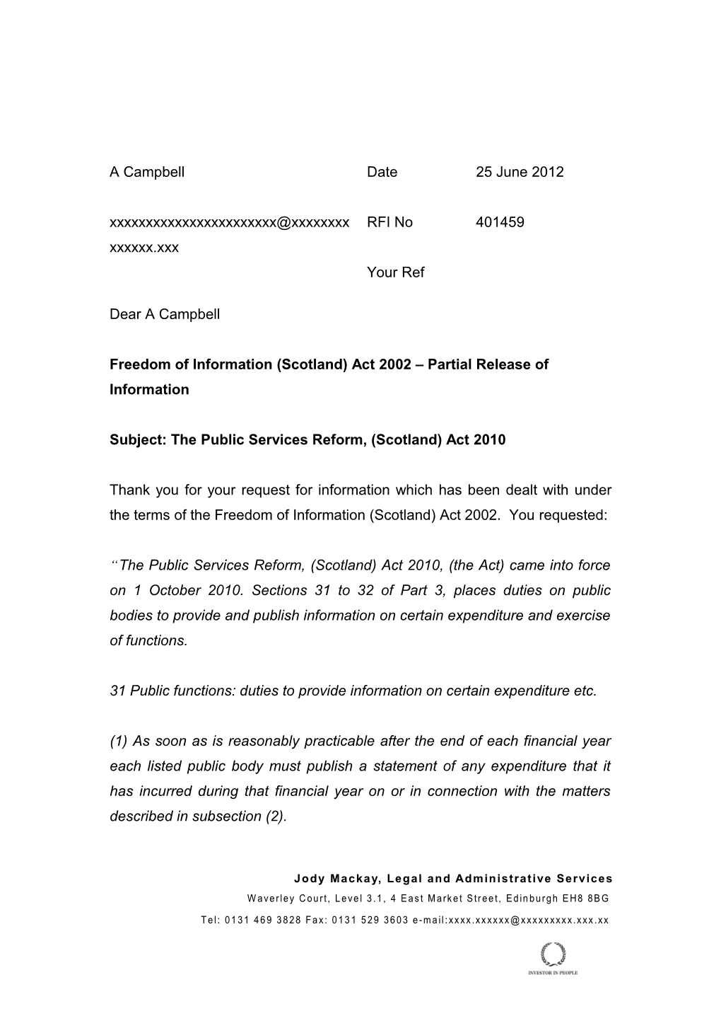 Freedom of Information (Scotland) Act 2002 Partial Release of Information