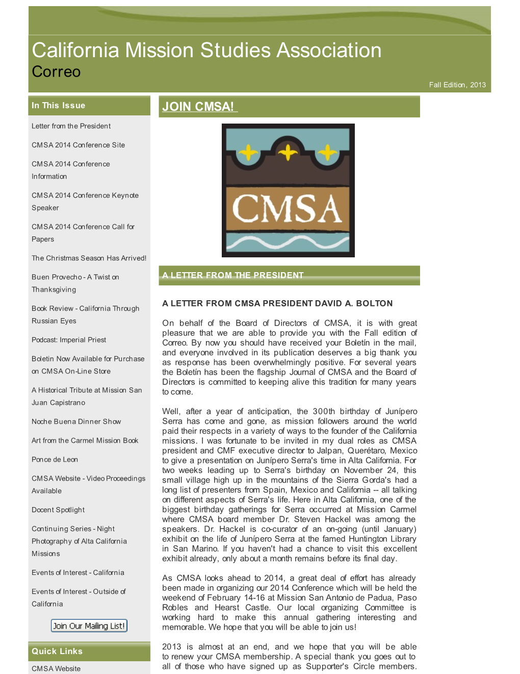 California Mission Studies Association Correo Fall Edition, 2013