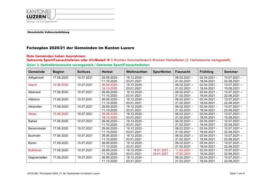 Ferienplan 2020/21 Der Gemeinden Im Kanton Luzern