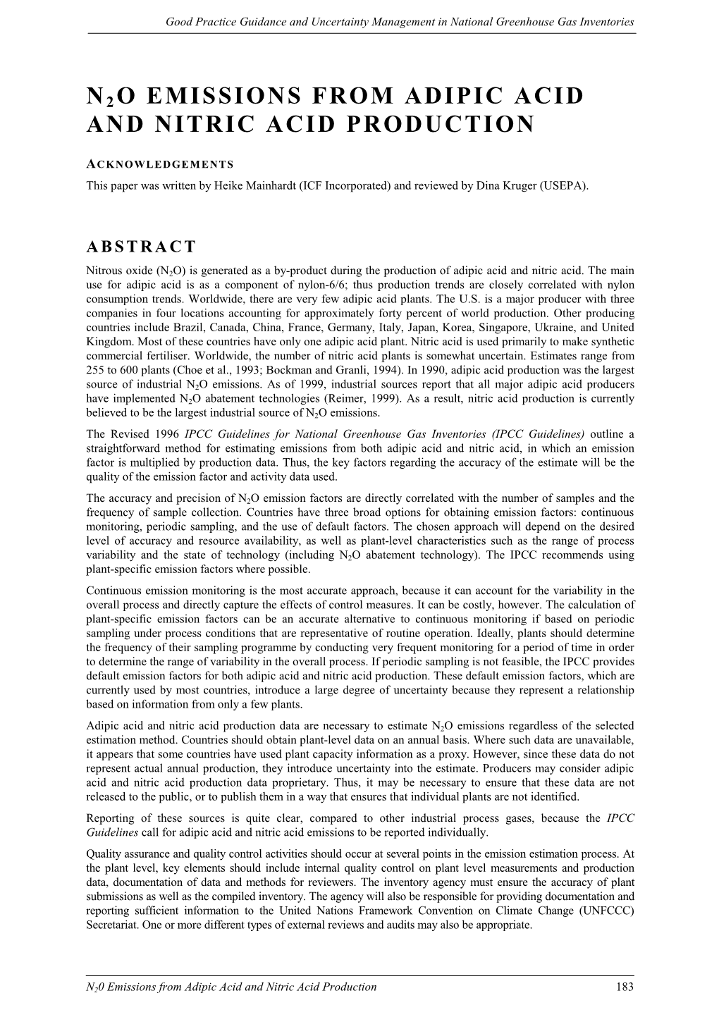 N2o Emissions from Adipic Acid and Nitric Acid Production