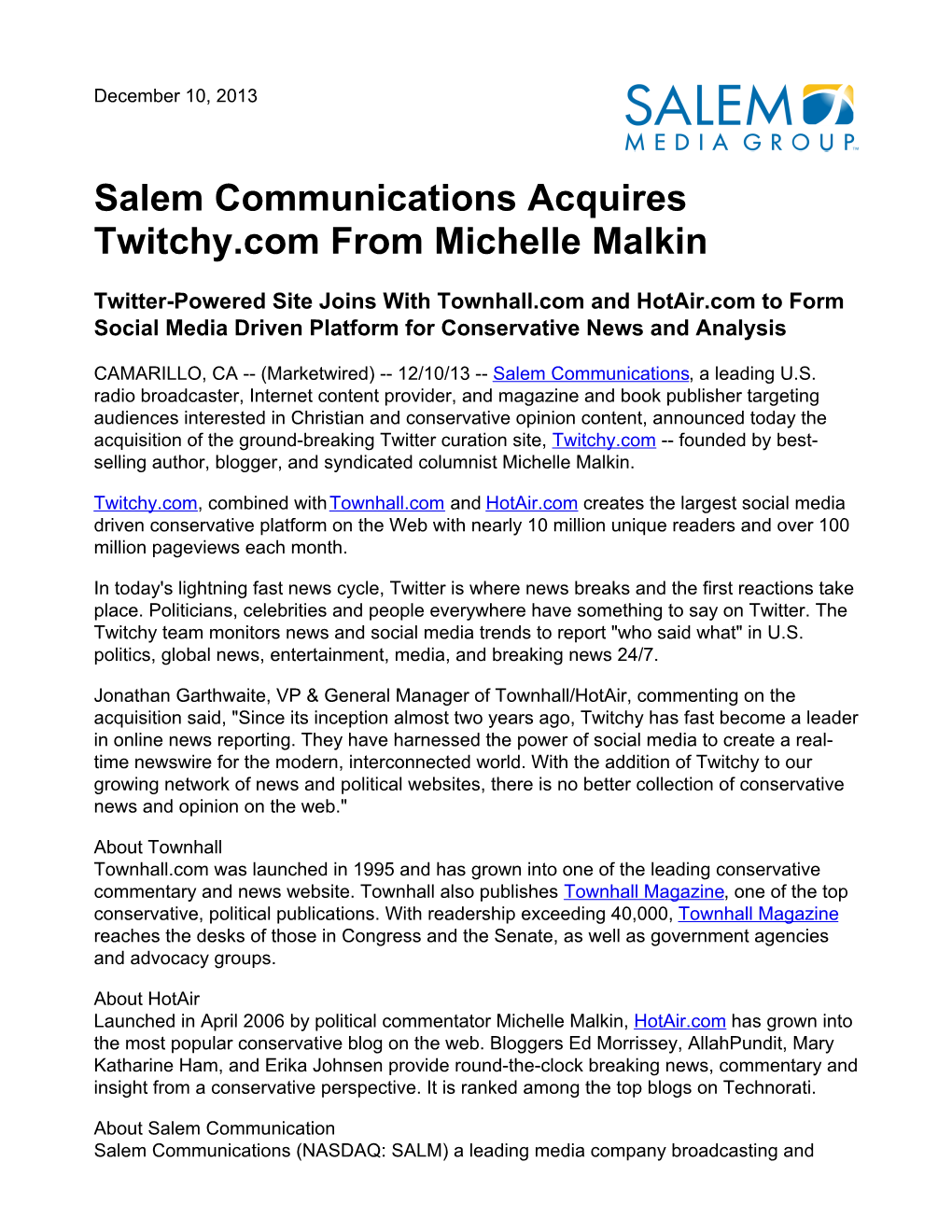 Salem Communications Acquires Twitchy.Com from Michelle Malkin