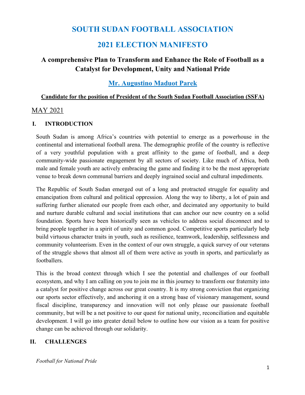 South Sudan Football Association 2021 Election Manifesto