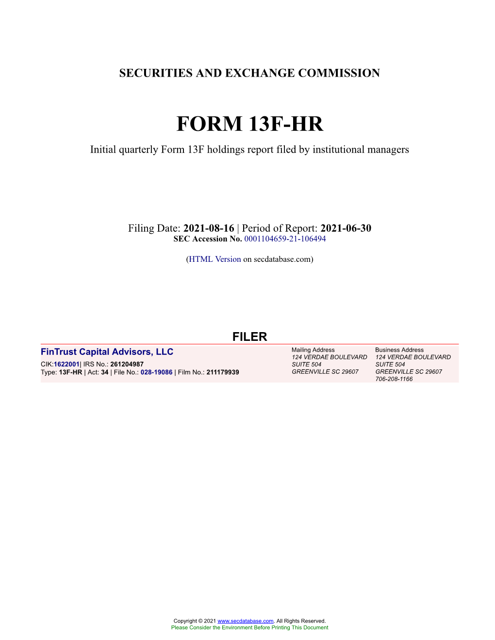 Fintrust Capital Advisors, LLC Form 13F-HR Filed 2021-08-16