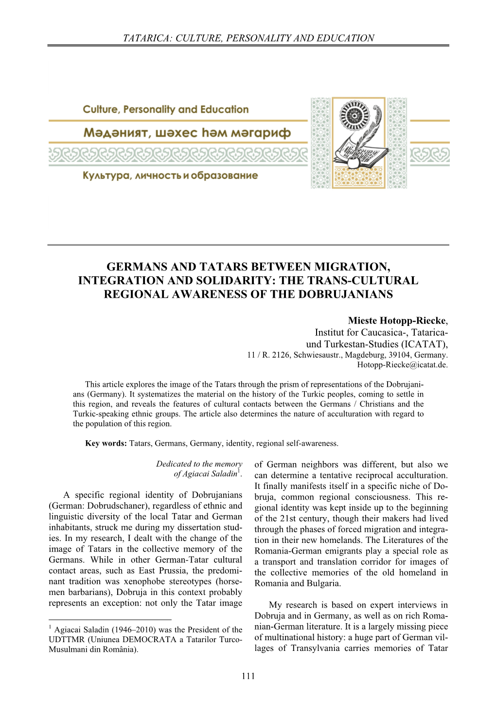 Germans and Tatars Between Migration, Integration and Solidarity: the Trans-Cultural Regional Awareness of the Dobrujanians