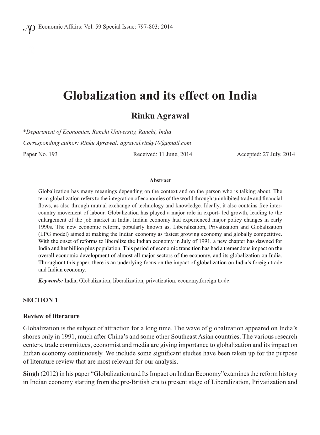 Globalization and Its Effect on India