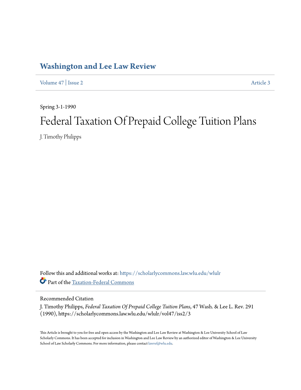Federal Taxation of Prepaid College Tuition Plans J