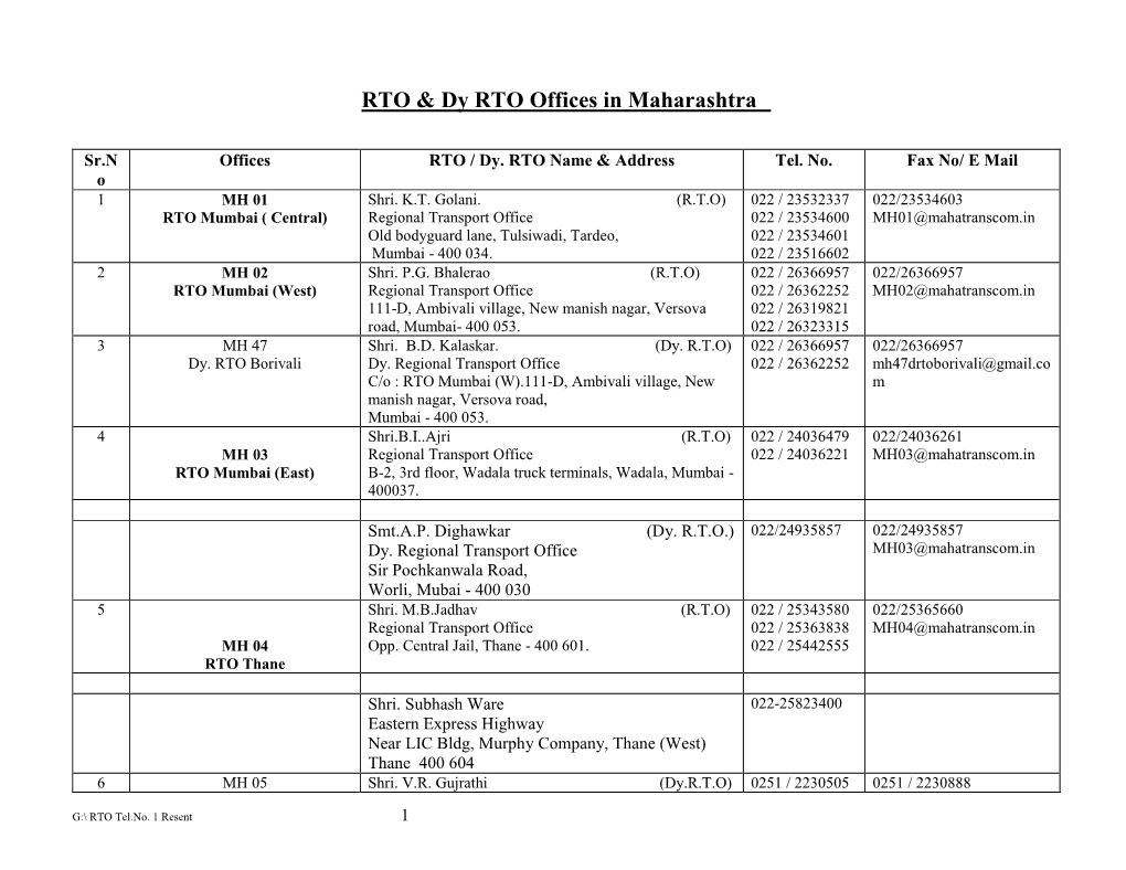 RTO & Dy RTO Offices in Maharashtra