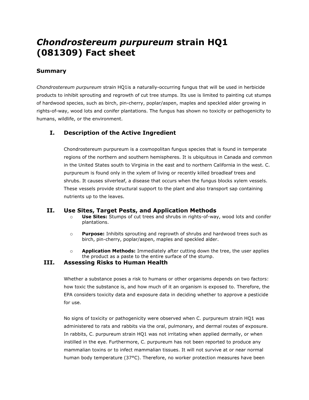 Biopesticides Fact Sheet for Chondrostereum Purpureum Strain