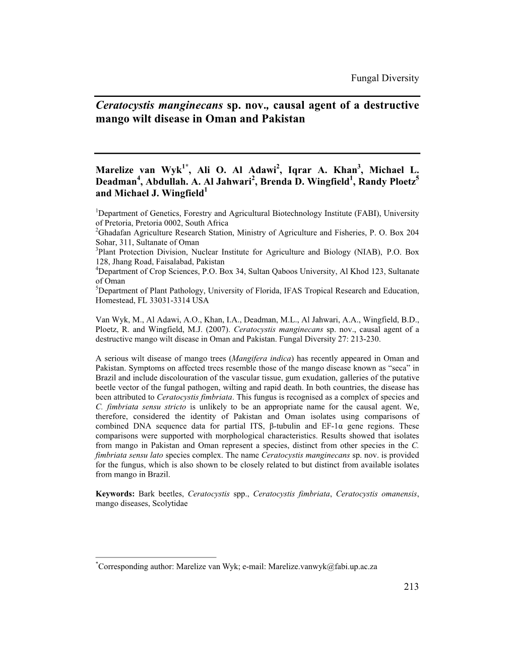 Ceratocystis Manginecans Sp. Nov., Causal Agent of a Destructive Mango Wilt Disease in Oman and Pakistan