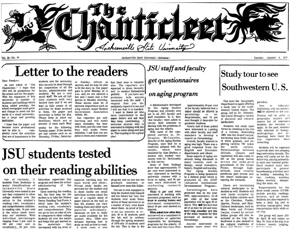 Letter to the Readers 1 JSU Students Tested on Their Reading Abilities
