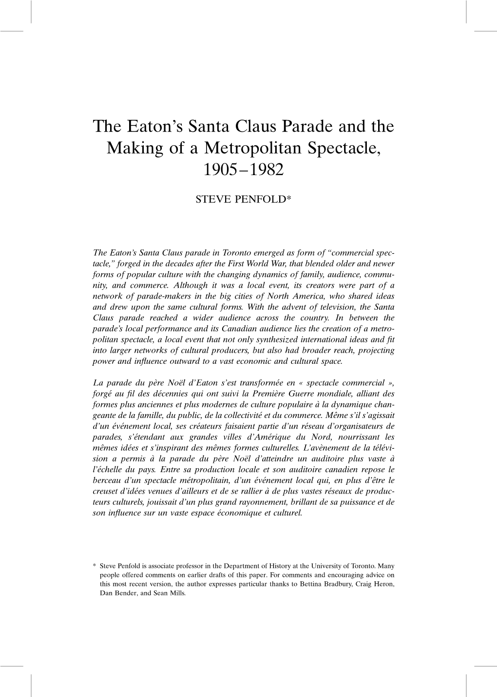 The Eaton's Santa Claus Parade and the Making of a Metropolitan Spectacle, 1905–1982