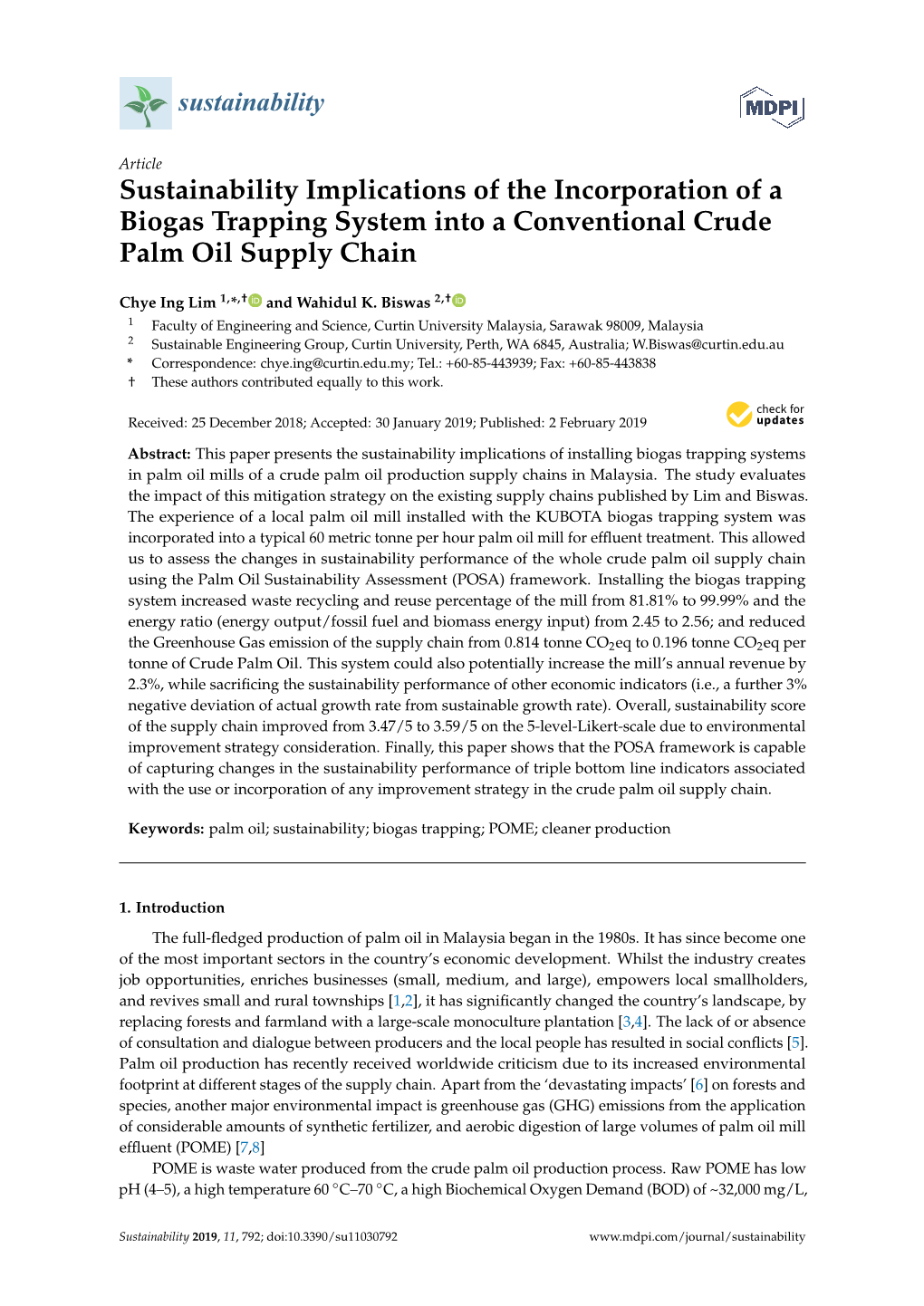 Sustainability Implications of the Incorporation of a Biogas Trapping System Into a Conventional Crude Palm Oil Supply Chain