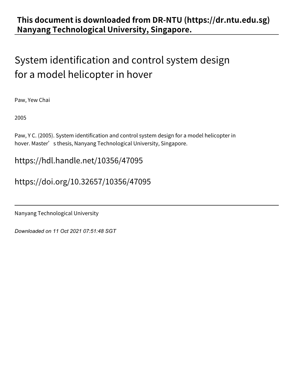 System Identification and Control System Design for a Model Helicopter in Hover