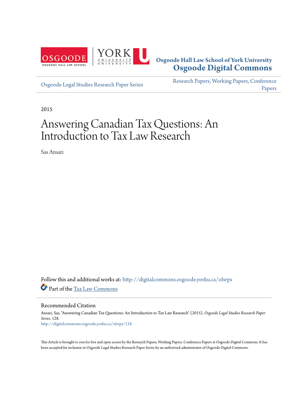 Answering Canadian Tax Questions: an Introduction to Tax Law Research Sas Ansari