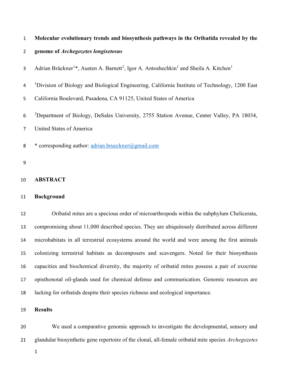 Molecular Evolutionary Trends and Biosynthesis Pathways in the Oribatida Revealed by The