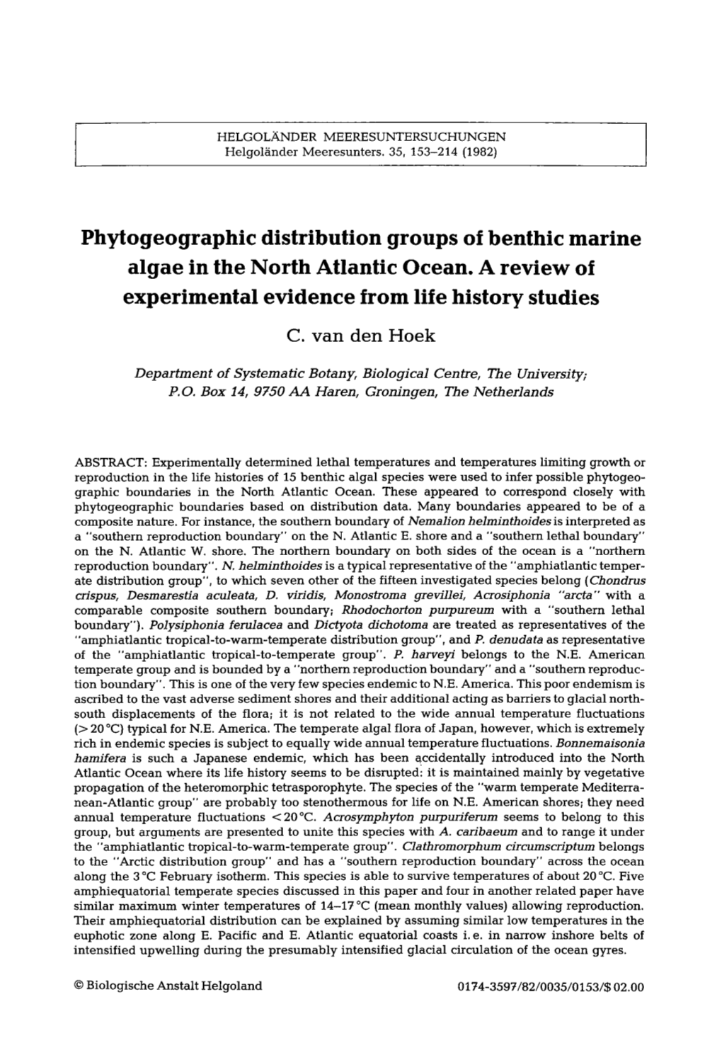 Phytogeographic Distribution Groups of Benthic Marine Algae in the North Atlantic Ocean. a Review of Experimental Evidence from Life History Studies C