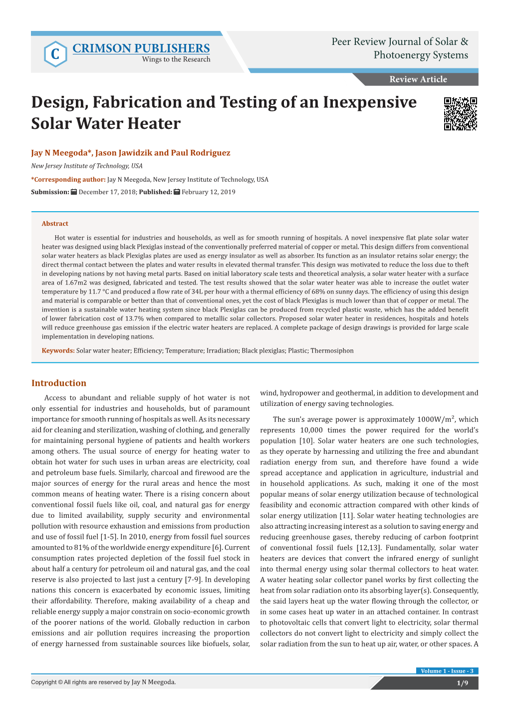 Design, Fabrication and Testing of an Inexpensive Solar Water Heater