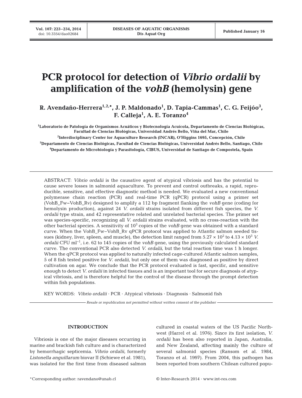 PCR Protocol for Detection of Vibrio Ordalii by Amplification of the Vohb (Hemolysin) Gene