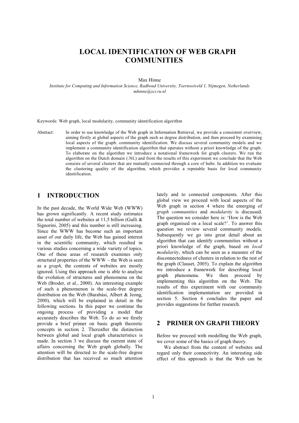 Local Identification of Web Graph Communities