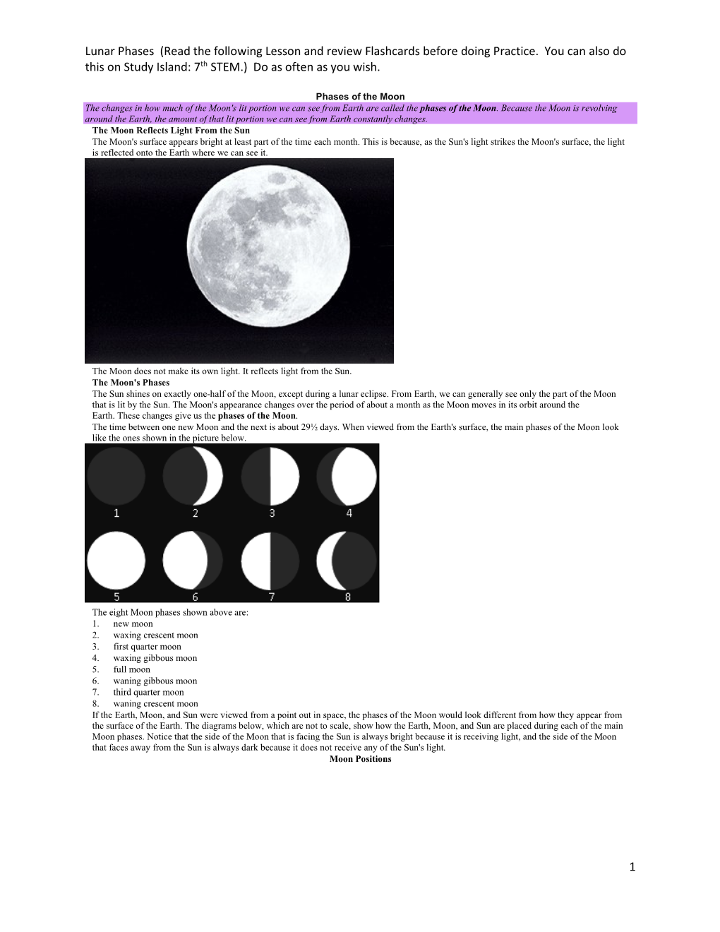 Lunar Phases (Read the Following Lesson and Review Flashcards Before Doing Practice