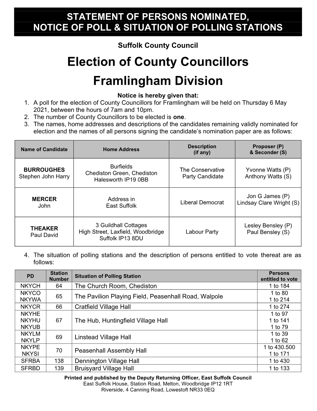 Election of County Councillors Framlingham Division