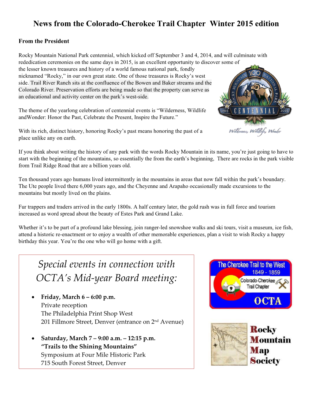 News from the Colorado-Cherokee Trail Chapter Winter 2015 Edition