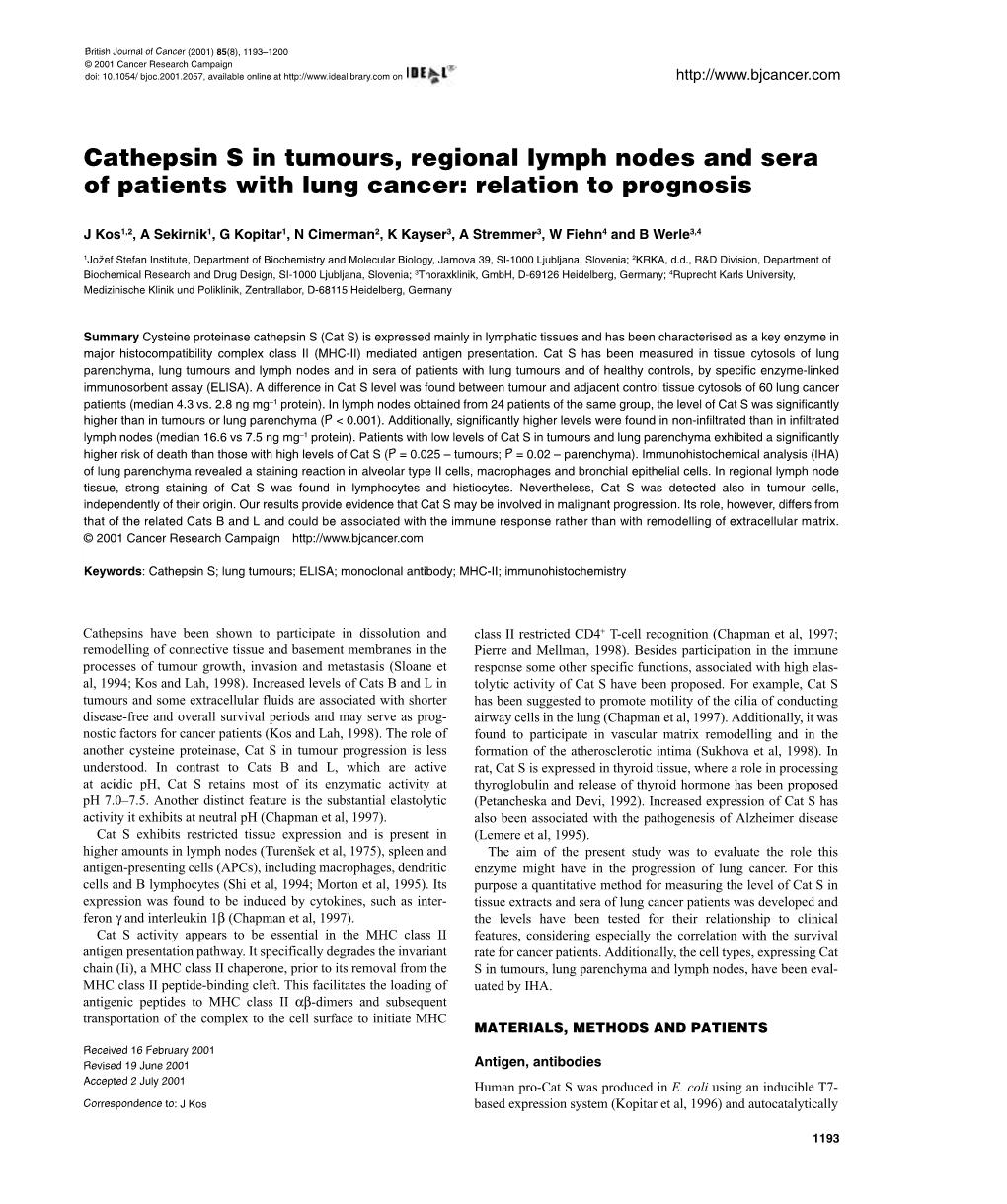 Cathepsin S in Tumours,Regional Lymph Nodes and Sera of Patients