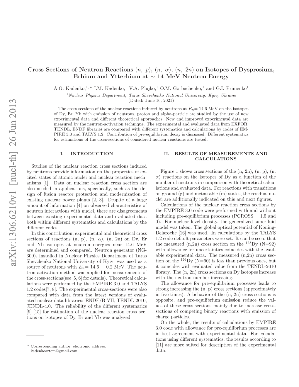 Cross Sections of Neutron Reactions $(N, P) $, $(N,\Alpha) $, $(N, 2N) $ On