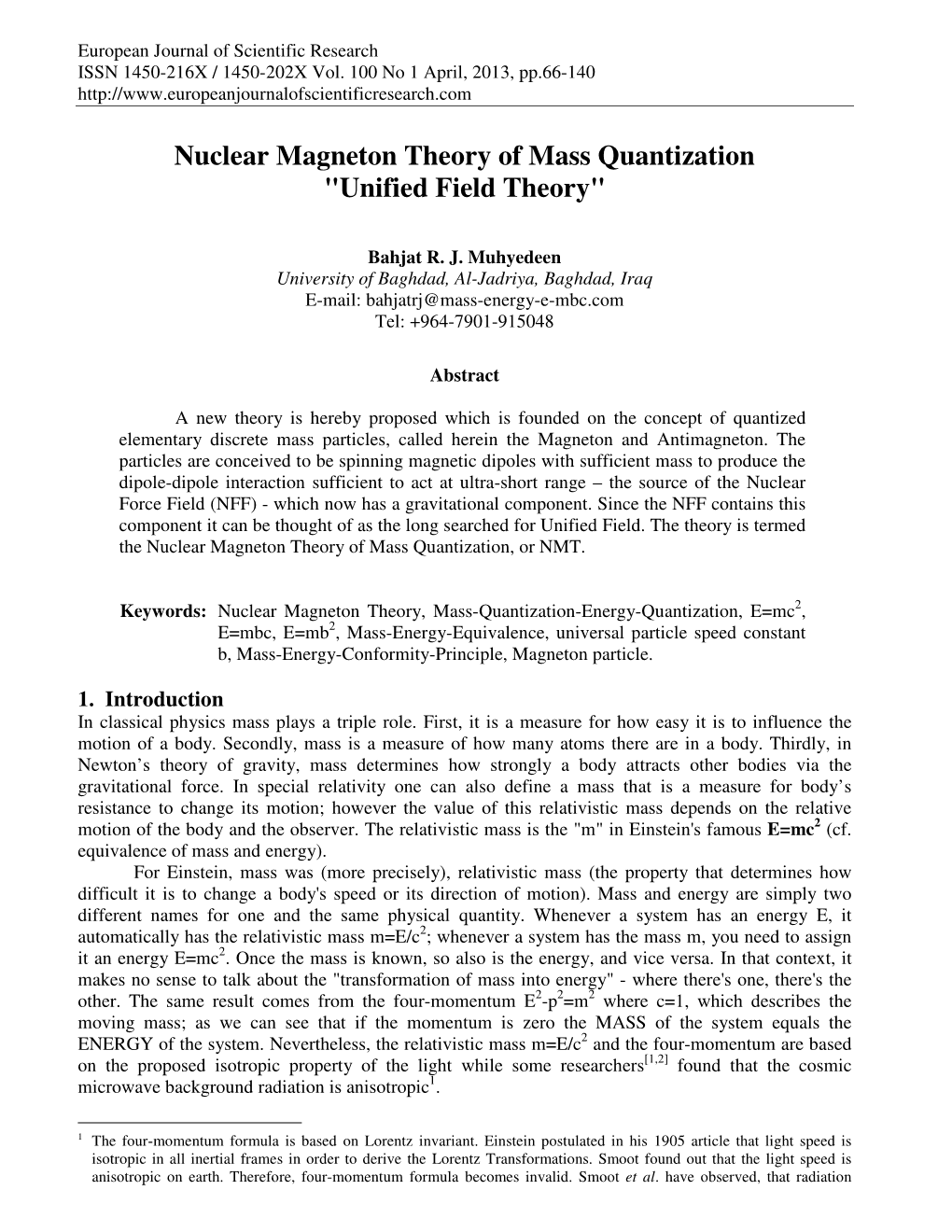 Nuclear Magneton Theory of Mass Quantization 