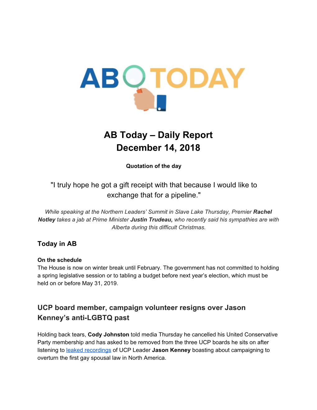 AB Today – Daily Report December 14, 2018