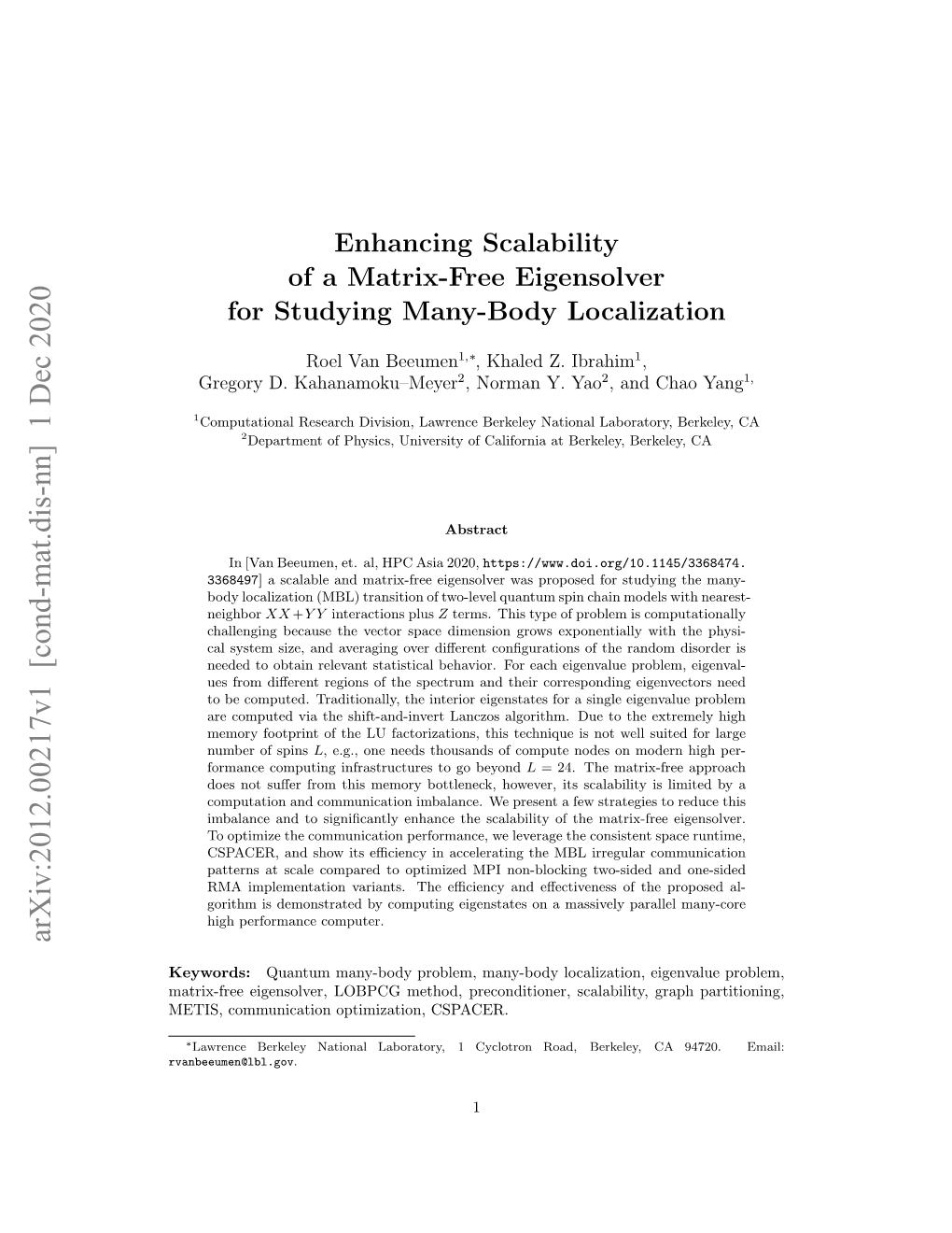 Enhancing Scalability of a Matrix-Free Eigensolver for Studying Many-Body Localization