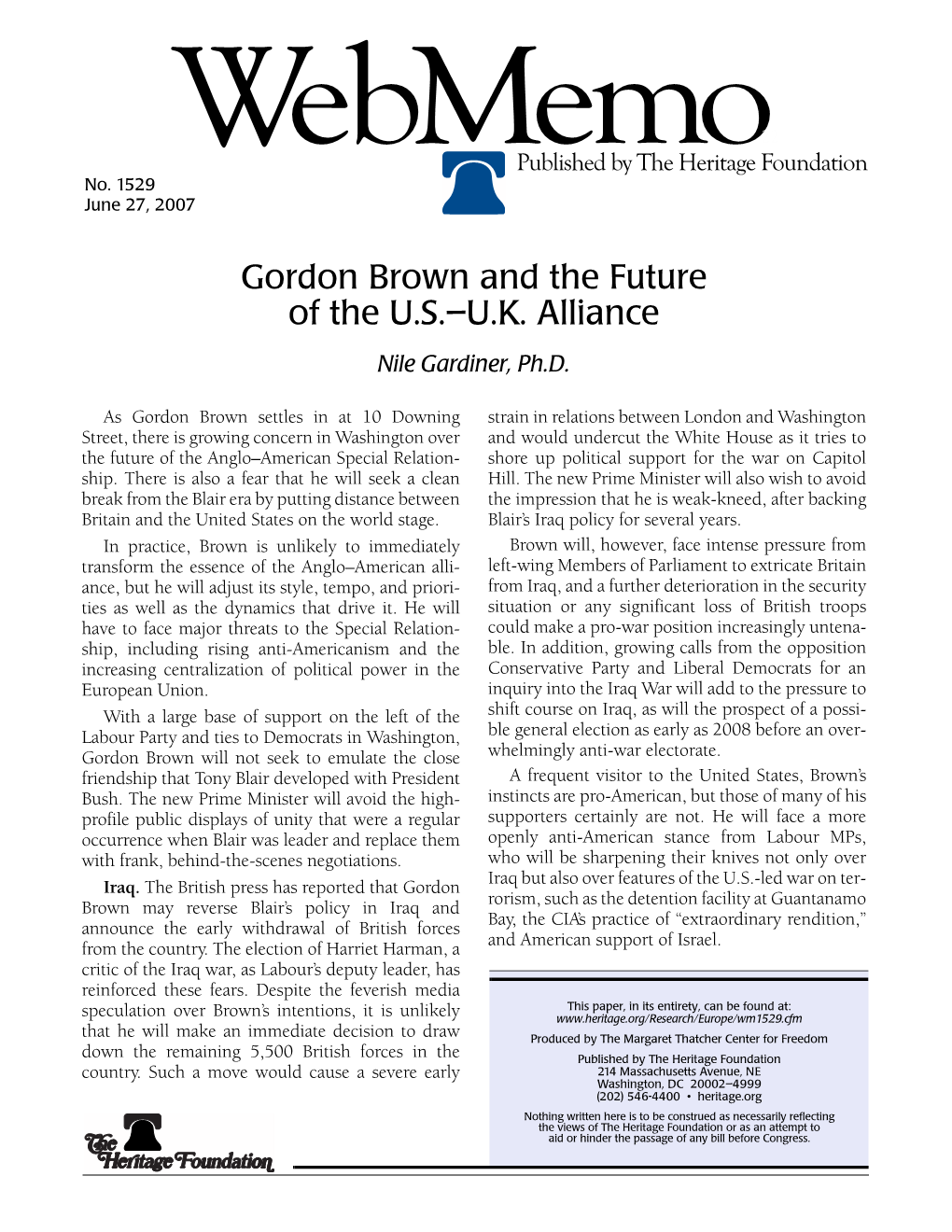 Gordon Brown and the Future of the U.S.–U.K. Alliance Nile Gardiner, Ph.D