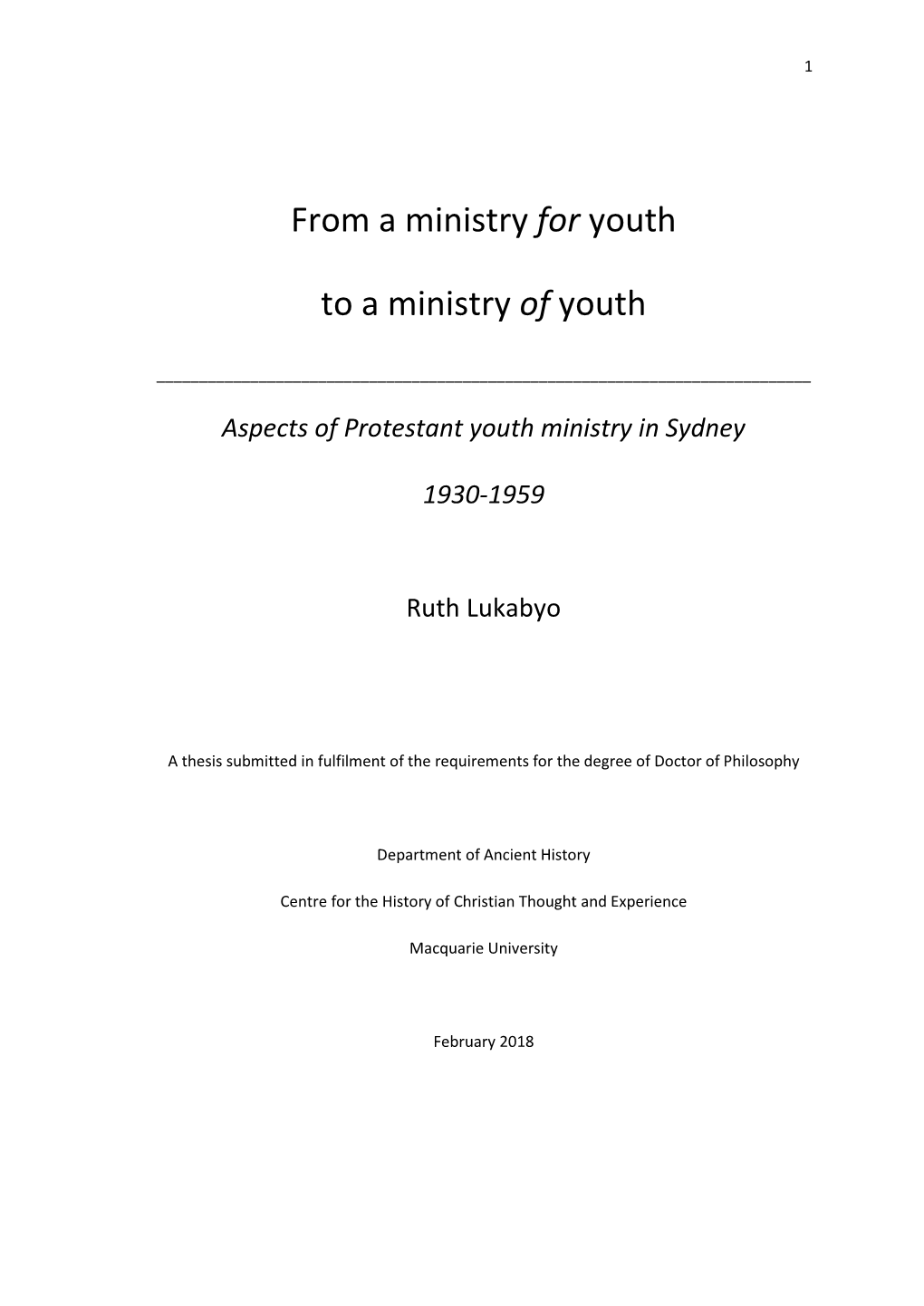 Aspects of Protestant Youth Ministry in Sydney 1930-1959